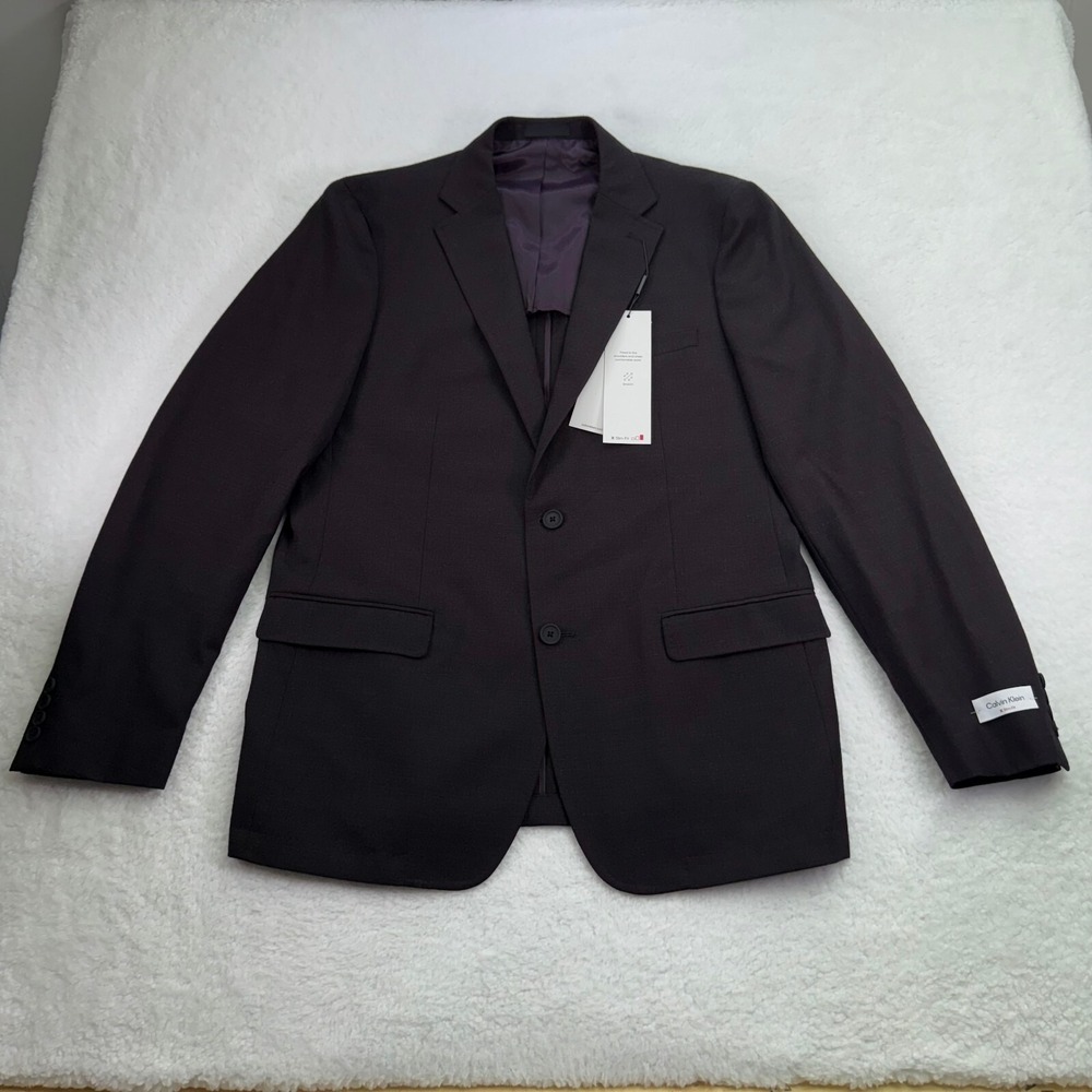 Calvin Klein Blazer Mens 44L Long Black Burgundy X Slim Fit Stretch $259‎ MSRP